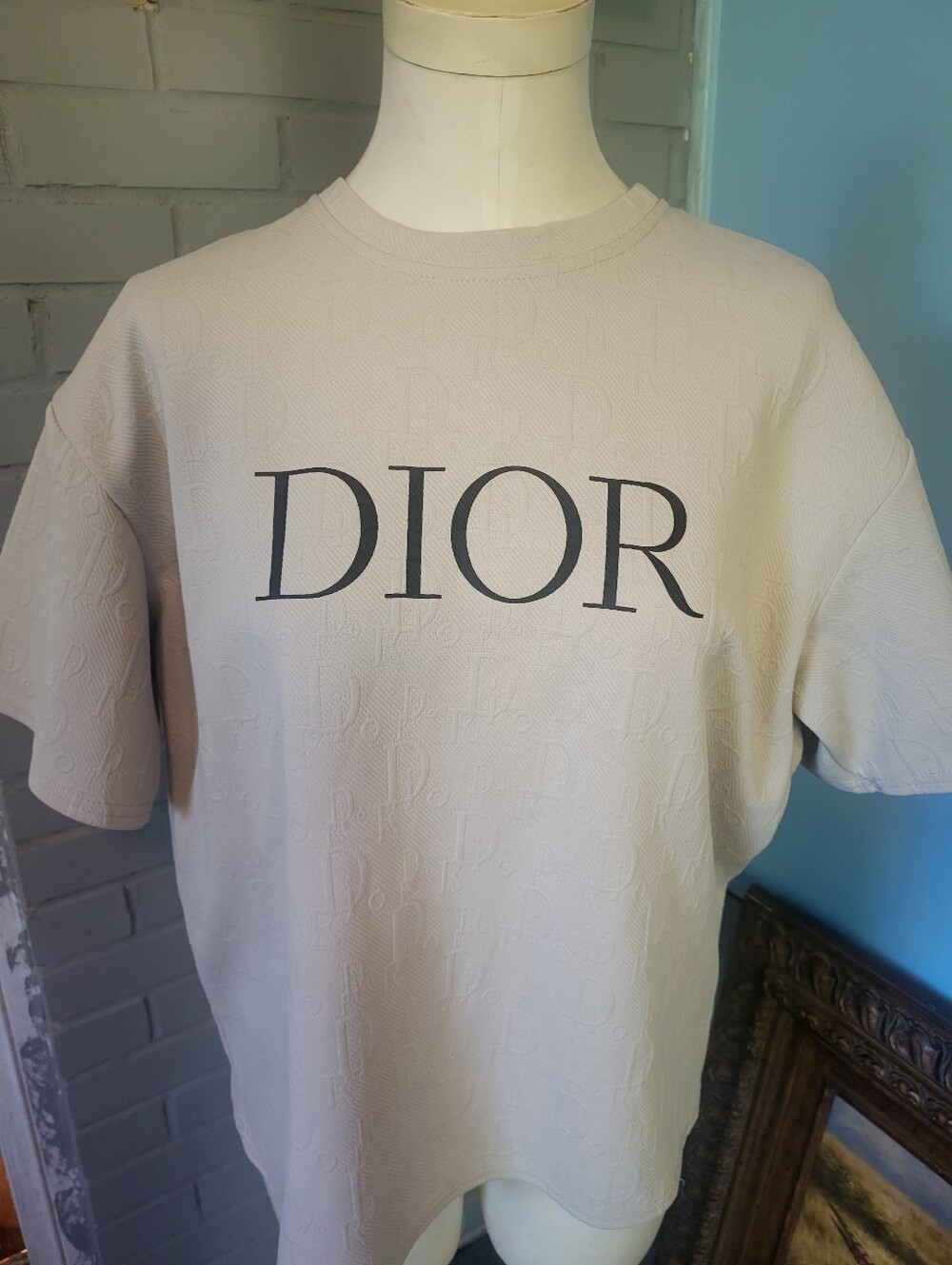 Faux Dior Beige Logo Embossed Short Sleeve Shirt